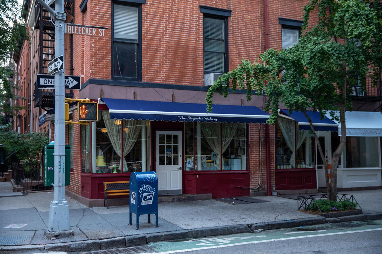 Exterior shot of Bleecker Street bakery corner in New York City